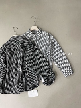 FROM 宽松泡泡纱长袖蓝色格子衬衫女2025秋后背扣子设计衬衣1039