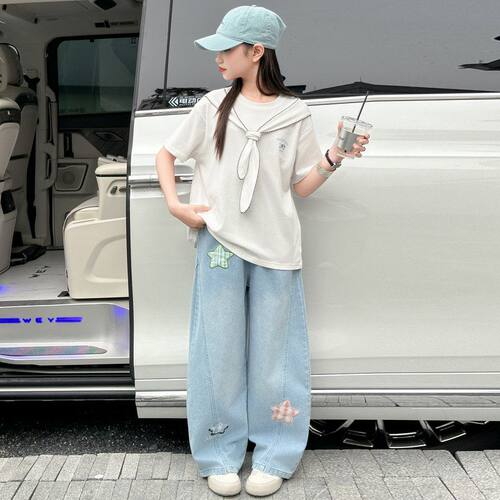 女童夏季学院风套装2026新款大童短袖领结T恤牛仔弯刀裤洋气两件