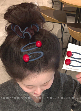 复古红色豆豆侧边百搭发夹碎发发卡BB夹前额刘海掰掰夹子头饰女