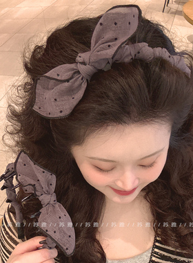 复古波点蝴蝶结带齿高颅顶发箍女兔耳朵头箍外出百搭防滑发卡头饰