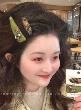 爱心格纹鸭嘴夹腊肠狗绿色掰掰夹发夹女前额碎发侧边夹子发卡头饰