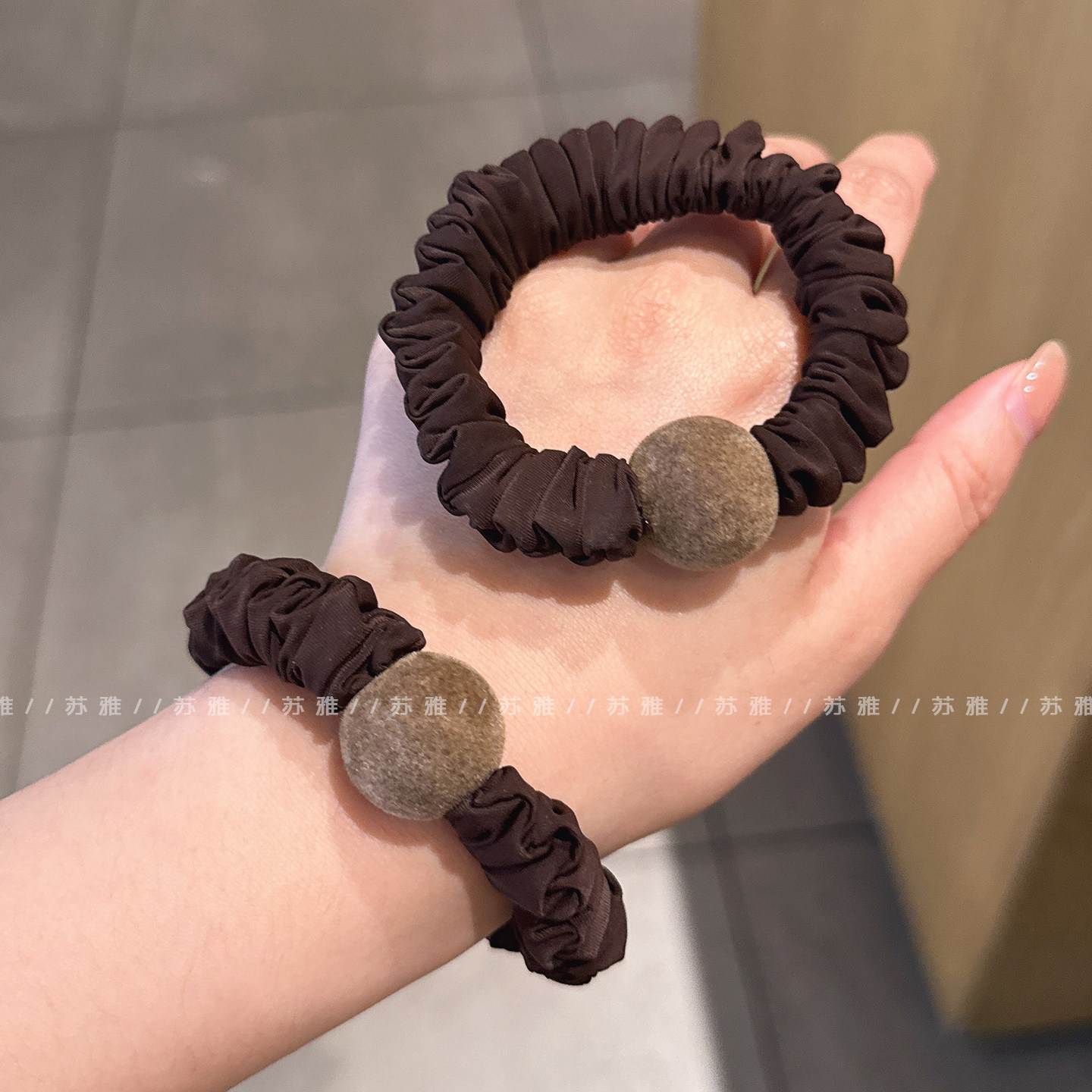 复古气质简约球球褶皱发圈扎头发