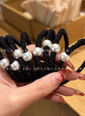 3条高级感珍珠小肠发圈简约耐用黑色发绳女扎头发橡皮筋高马尾