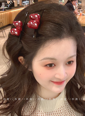 安可拉红波点蝴蝶结碎发刘海发夹女儿童发卡高颜值侧边鸭嘴一字夹