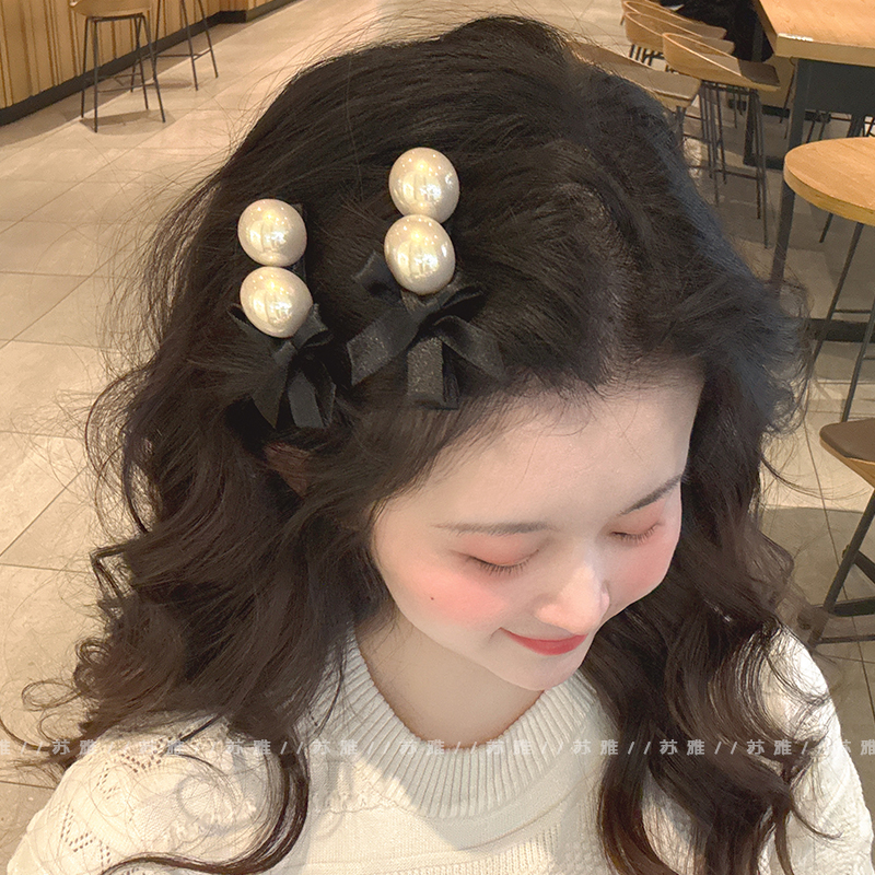 双珍珠蝴蝶结碎发刘海鸭嘴夹发夹