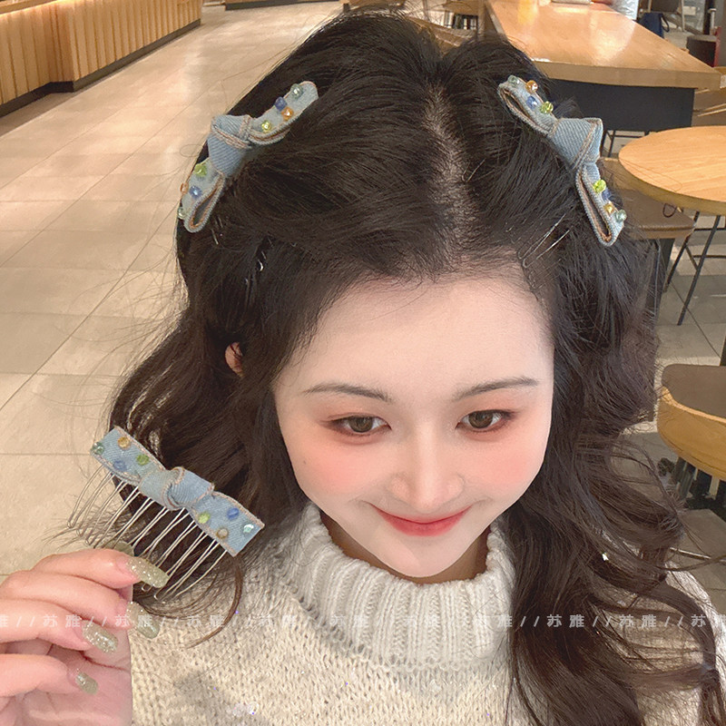 彩钻牛仔蓝蝴蝶结刘海梳发夹女新款碎发整理神器发梳插梳卡子头饰