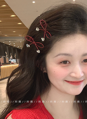爱心钻安可拉红蝴蝶结发夹女前额侧边夹刘海夹发卡鸭嘴夹发饰头饰