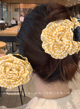 甜美黄色玫瑰花抓夹夏季花朵头饰大头花发夹女后脑勺发卡鲨鱼夹