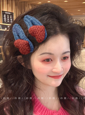 爱心毛线发夹边夹侧边彩色掰掰夹女前额碎发夹子头饰可爱秋冬卡子