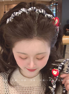 波浪发箍女苹果珠子蓝色格纹带齿防滑压发发卡气质头饰高颅顶头箍