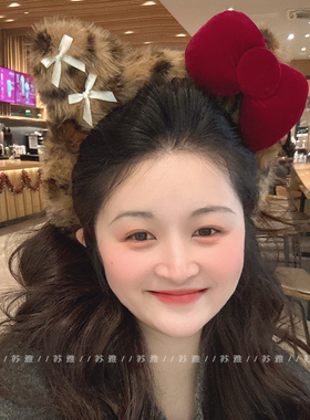 红色蝴蝶结豹纹猫耳朵毛绒发箍女可爱卡通头饰束发带头箍发捆发卡