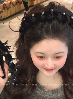 高级感蝴蝶结闪钻高颅顶发箍女带齿防滑发卡百搭外出头箍压发头饰
