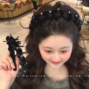 高级感蝴蝶结闪钻高颅顶发箍女带齿防滑发卡百搭外出头箍压发头饰
