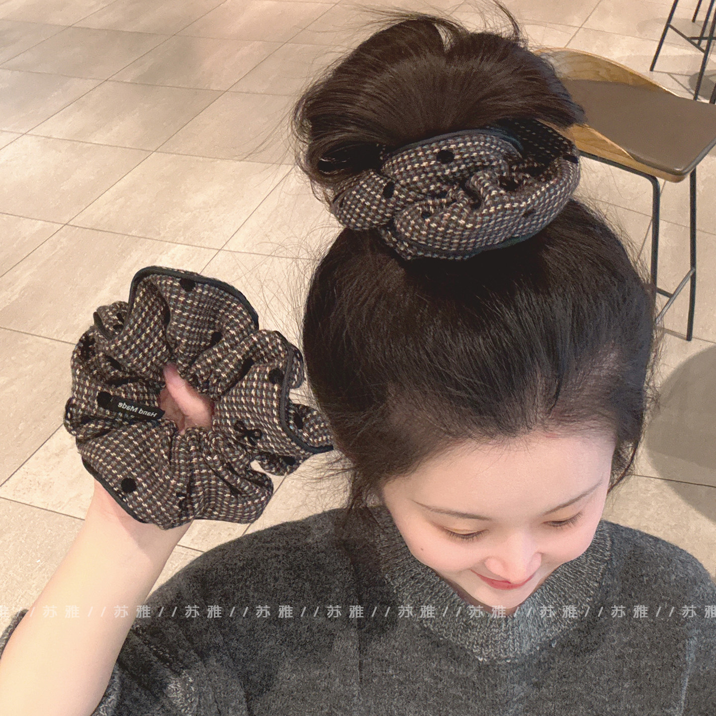 复古气质格纹大肠发圈扎头发高弹