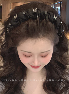 高颅顶发箍女2025新款蝴蝶闪钻麻花带齿防滑发卡百搭外出头箍发饰