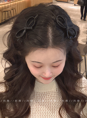 高级感皮质蝴蝶结发夹女碎发刘海鸭嘴夹简约百搭黑色边夹顶夹发卡