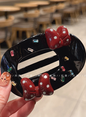 波点红色蝴蝶结彩钻盘发鸭嘴夹发夹发卡不硌头抓夹女后脑勺一字夹