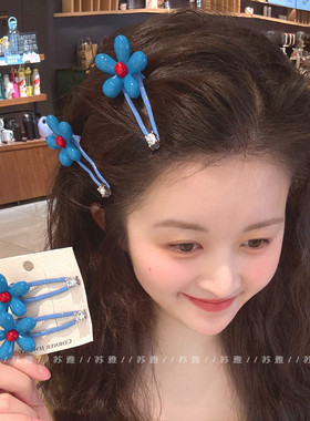 韩国东大门新款甜美可爱蓝色花朵发夹女碎发侧边刘海鸭嘴夹头饰