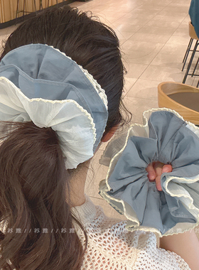 韩国蓝色网纱大肠发圈小清新简约温柔头花马尾发绳高级感头绳发饰