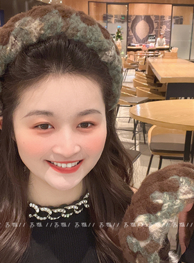 波西米亚秋冬发箍女小香风六股辫复古发捆撞色毛绒宽边压发头箍