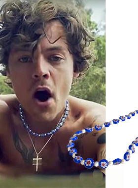 eliou街头欧美harry哈卷同款克兰茵蓝花串珠珍珠质感复古项链男