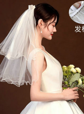 新娘头纱网红两层蝴蝶结丝带简约软蓬蓬白色结婚造型头纱发梳款