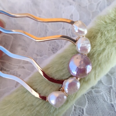 随想手作 天然淡水珍珠异形珍珠 紫色加白色发簪发梳盘发簪女