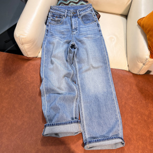 阔腿裤 浅蓝色高腰无弹直筒牛仔裤 宽松显瘦垂感窄版 2026新款 女春季