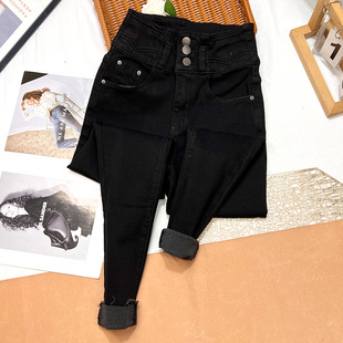 显瘦三排扣收腹薄绒小脚靴裤 高腰加绒牛仔裤 修身 2025年新款 女冬季