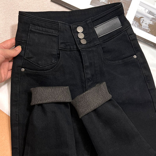 显瘦薄绒小脚靴裤 洋气 高腰修身 女秋冬新款 三排扣收腹加绒牛仔裤