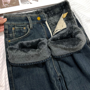 特厚东北棉裤!加绒加厚直筒牛仔裤女冬季高腰显瘦羊羔毛阔腿长裤