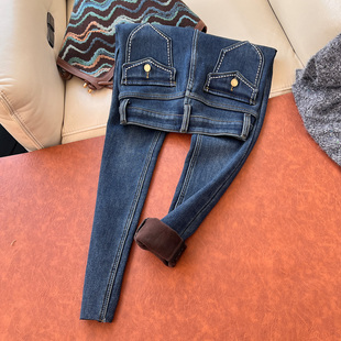 高腰显瘦紧身铅笔靴裤 2025新款 潮 女冬季 深蓝色加绒加厚小脚牛仔裤
