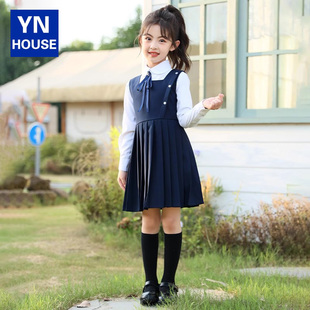 儿童学院风背心连衣裙方领百褶裙女童背带裙套装 中大童合唱演出服