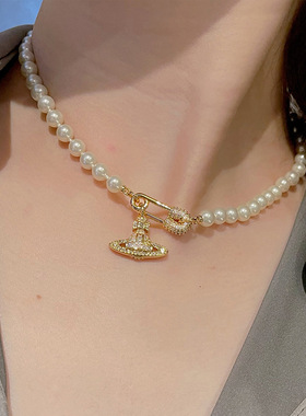 天然淡水珍珠项链女西太后土星别针锁骨链亚马逊新品吊坠颈链