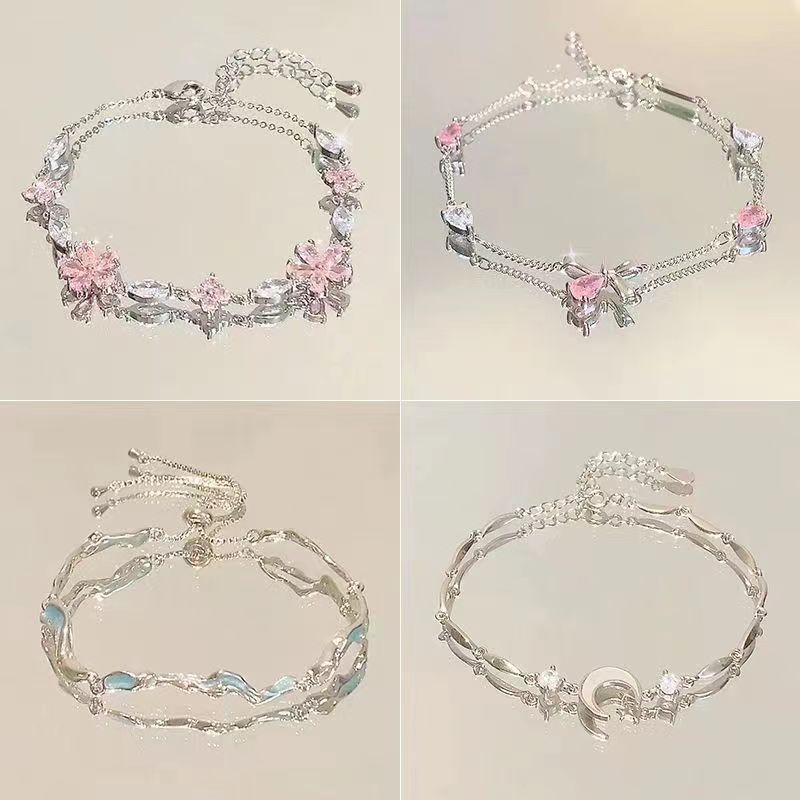 粉色锆石樱花蝴蝶结手链女ins小众轻奢气质清冷感闺蜜手饰潮