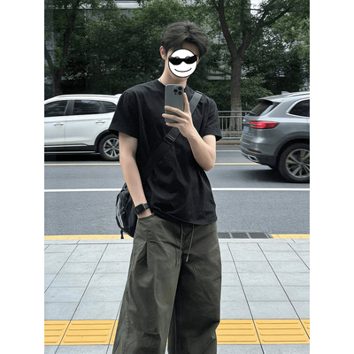 黑色美式重磅t恤男生夏季干净韩系穿搭cleanfit短袖舒适落肩半袖