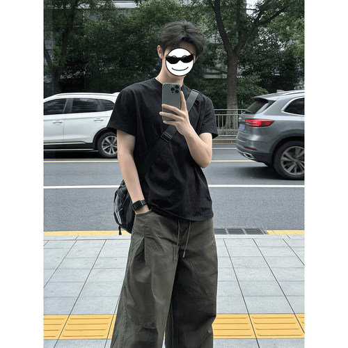 黑色美式重磅t恤男生夏季干净韩系穿搭cleanfit短袖舒适落肩半袖