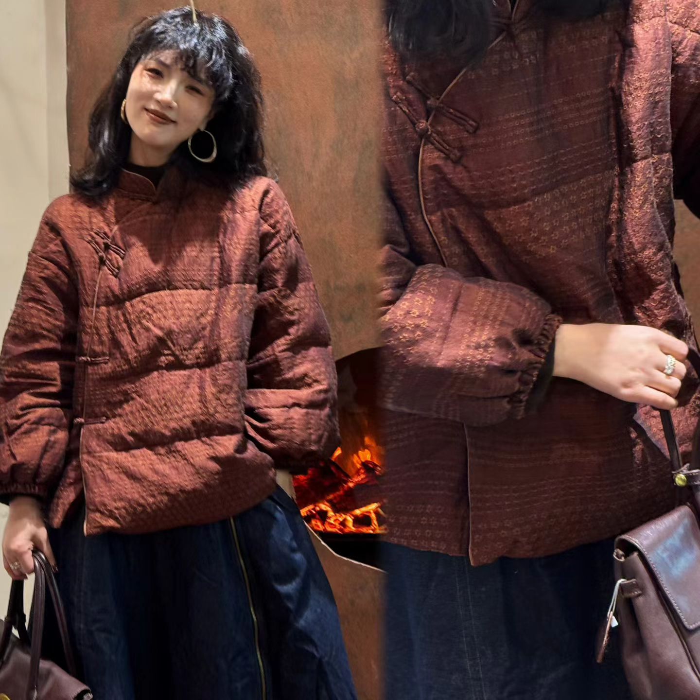 气质暗红色提花精致新中式斜襟盘扣羽绒服 2025秋冬小立领保暖