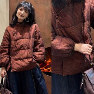 气质暗红色提花精致新中式斜襟盘扣羽绒服 2025秋冬小立领保暖