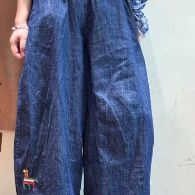 松紧腰文艺宽松阔腿裤麻裤