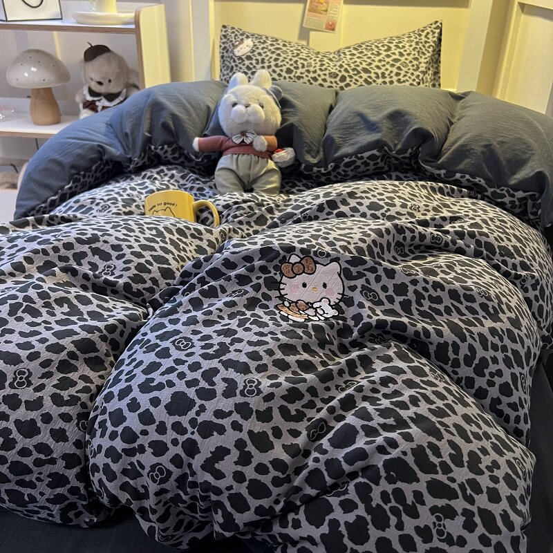 豹纹刺绣少女被套床单被罩简约韩系学生寝室宿舍单人三件套四件套
