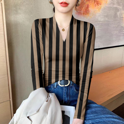 v领双面德绒长袖t恤女士秋冬修身百搭时尚打底衫加厚保暖条纹上衣