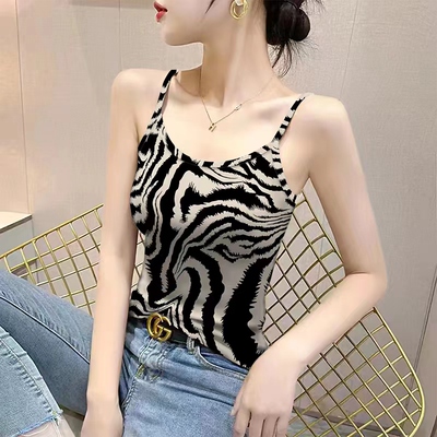 性感豹纹冰丝上衣内搭修身吊带女