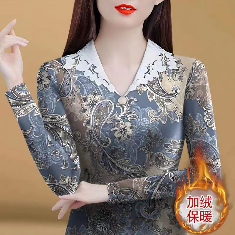 长袖印花上衣保暖德绒打底衫女