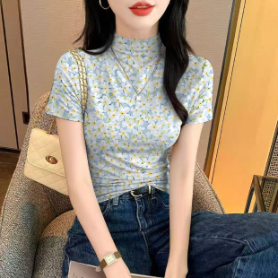 修身 冰丝短袖 洋气印花半高领打底衫 t恤女士夏季 显瘦紧身上衣 新款