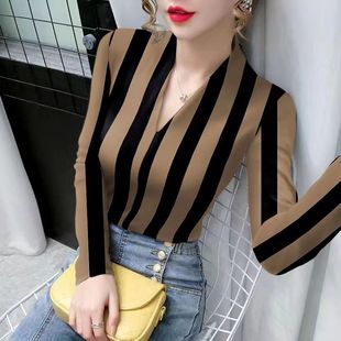 保暖加厚小衫 条纹长袖 洋气德绒上衣V领打底修身 t恤女士秋冬季 时尚