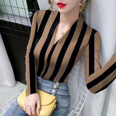 长袖洋气加厚条纹德绒t恤女小衫