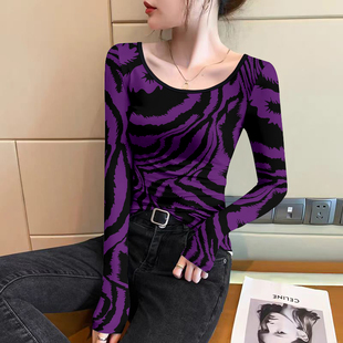双面德绒低领打底衫女秋冬内搭加绒加厚圆领修身豹纹保暖长袖t恤