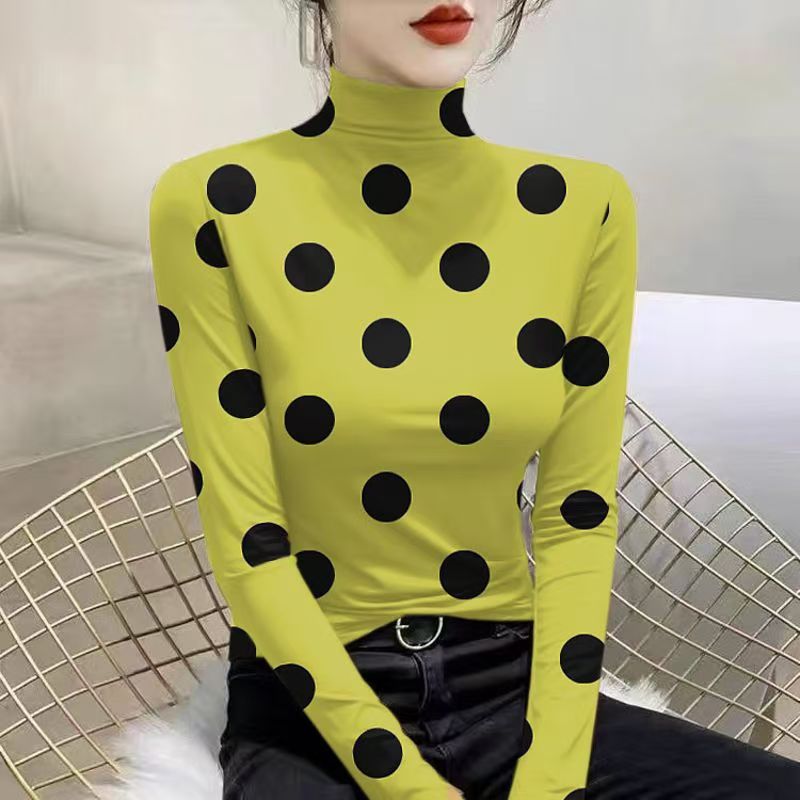 半高领修身长袖t恤女士春秋冬季德绒保暖打底衫波点加绒加厚上衣