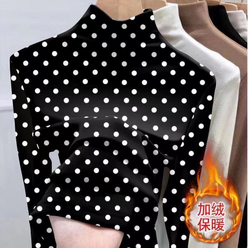 双面德绒波点长袖t恤半高领上衣